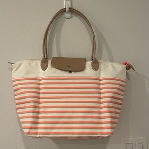 Longchamp Le Pliage Striped Cream and Orange Tote Bag